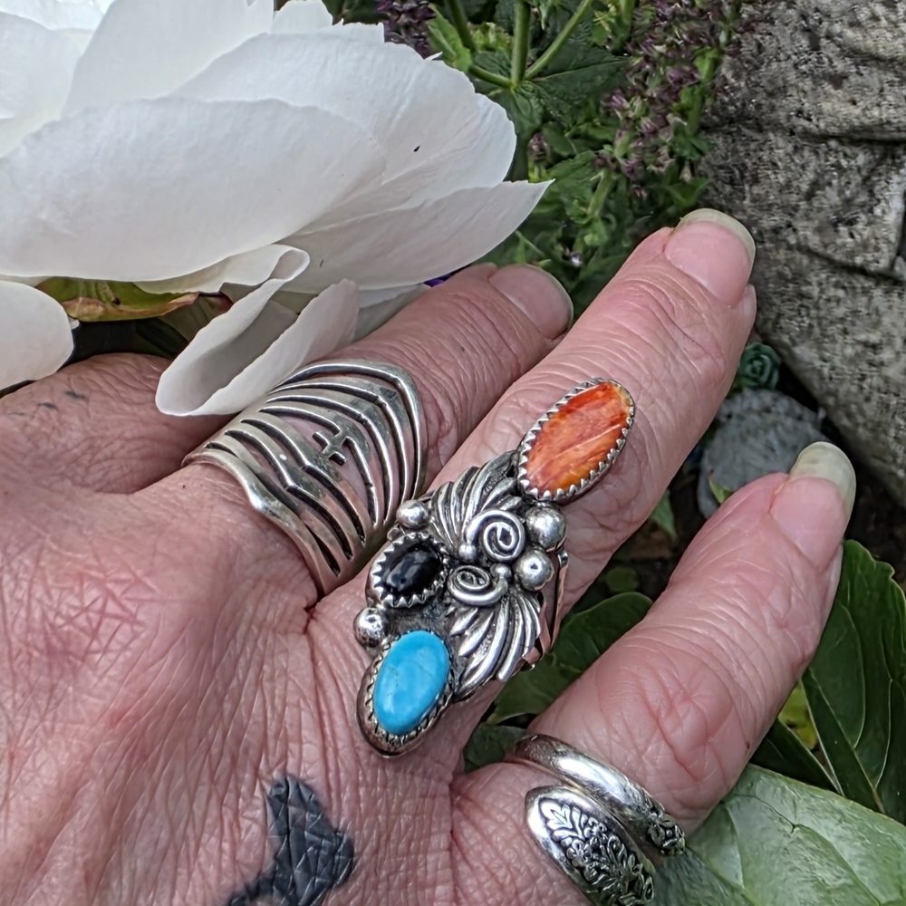 Vintage Turquoise, Coral And Onyx Ring Size 5.5